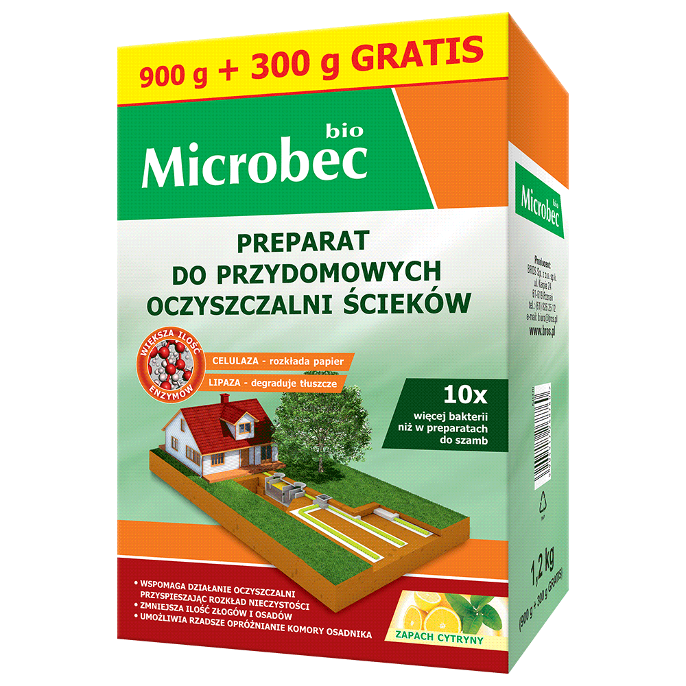 Aktywator do oczyszczalni przydomowych o zapachu cytrynowym Microbec Bio 900g + 300g